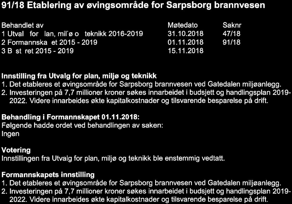 . 10.. 11. 91/18 Etablering av øvingsområde for Sarpsborg brannvesen 1 Utval for lan, 2 Formannska et 3 B st ret 2015- mil'00 2015-2019 teknikk 2016-2019 2019 31. 2018 