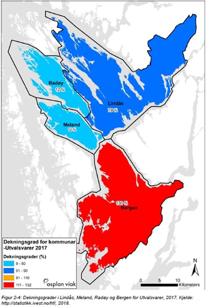 Unntaksvarer For unntaksvarene var dekningsgrada 4 prosent i Radøy og 24 prosent i Meland i 2017. I Lindås er tala ukjende dette året.
