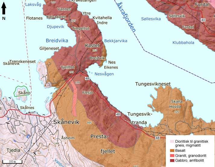 Berggrunn og løsmasseforhold Berggrunnen i området er kartlagt av NGU i målestokk 1:250 000 (Figur 4). Ifølge berggrunnskart består berggrunnen i Skånevik sentrum av diorittisk til granittisk gneis.