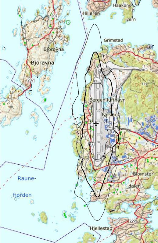 I denne sammenheng nevnes at Bergen lufthavn i forbindelse med tidligere tiltaksutredninger har fasadeisolert 39 boliger. I figur 1 vises kart over de områder der kartleggingsbehov foreligger.