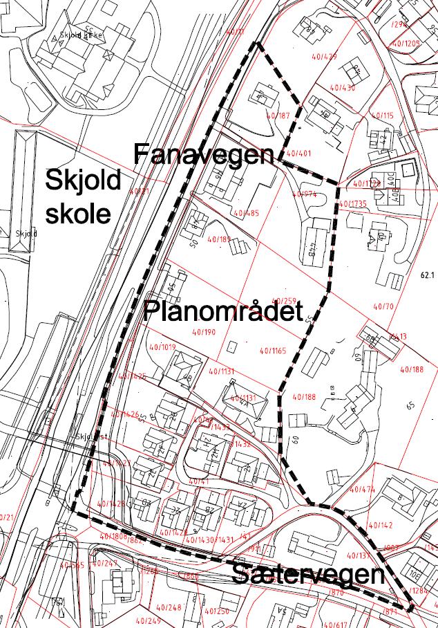 Figur 1. Kart som viser planområdet. Planområdet er omgitt av boligområder mot nord, sør og øst. Planområdet har høyeste punkt på ca. 57 moh og laveste punkt på ca 46.