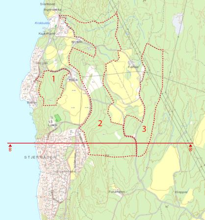 FJERNVIRKNING Snittet viser felt 2 og 3, og går gjennom området av felt 2 som er mest aktuelt å starte med på oversiden av Stjernåsen. Fjernvirkning fra fjorden er svært liten eller ingen.