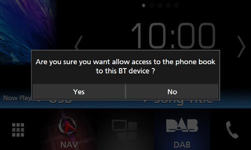 Bluetooth-styring Trinn 3: Telefonbokoverføring Velg om du vil overføre informasjonen i telefonboken. Denne meldingen vises hvis enheten støtter PBAP.