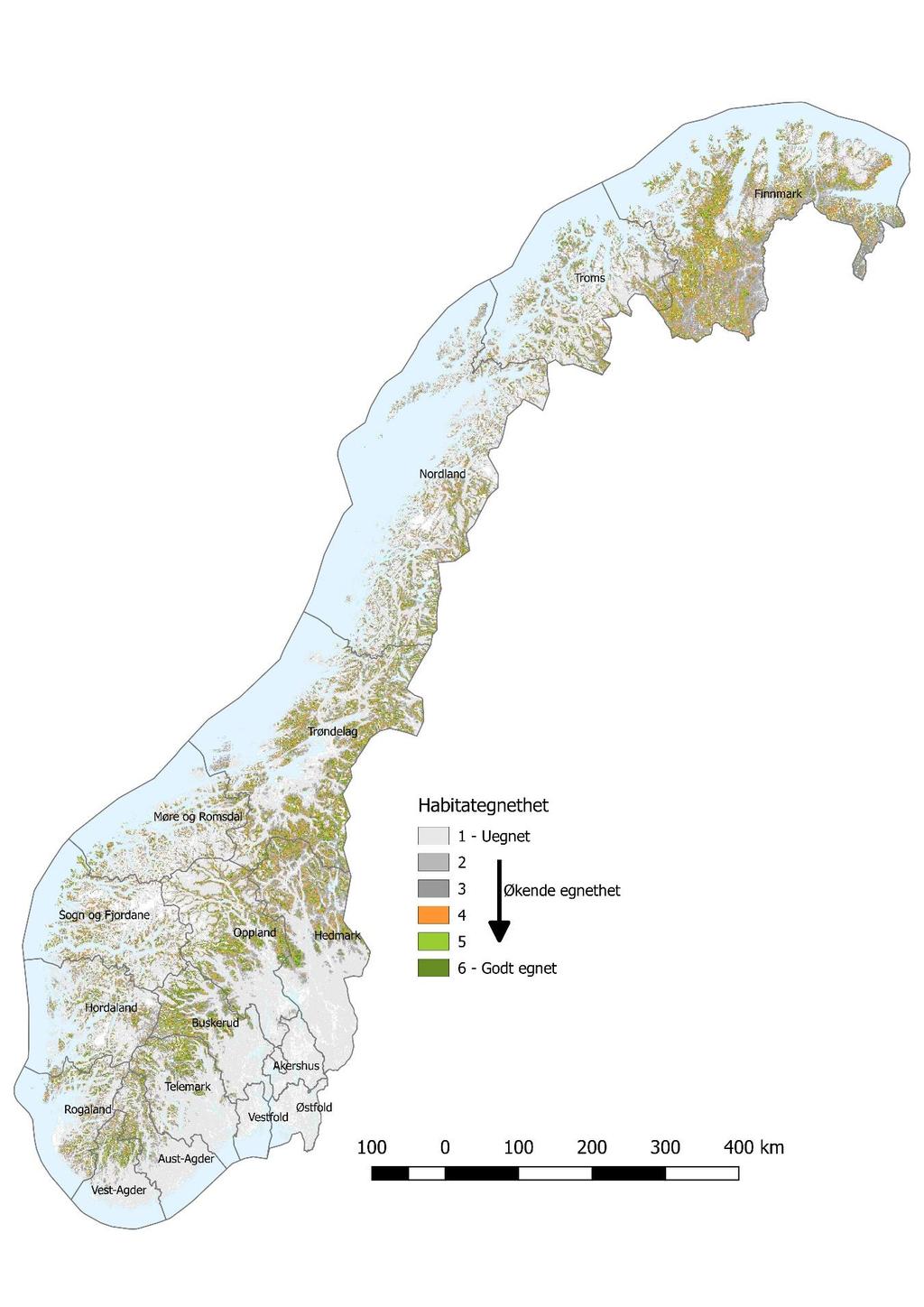 Figur 18 Habitategnethet for lirype basert på habitategnethetsmodell utviklet i Kvasnes m.fl.