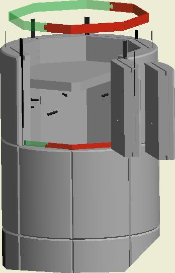 Fig. 17 Seksjon 2 over dør, for ovn med 3 seksjoner over dør 1. Sett på plass 8 stk. steiner (300 x 195 x 70), med minste avstand til hull for ståltapper vendt ned. 2. Legg på plass 30-mm-todelt-stålring.