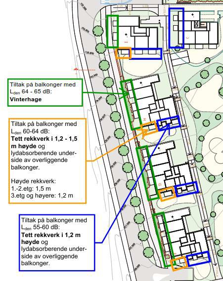 dfdfdddddddddddddddd uteoppholdsarealer på bakkeplan. Høyde på skjermer mot Sentervegen er 1,5 m ift. bakenforliggende terreng mot øst (topphøyde skjerm ca. 3-3,5 m rel. Sentervegen).