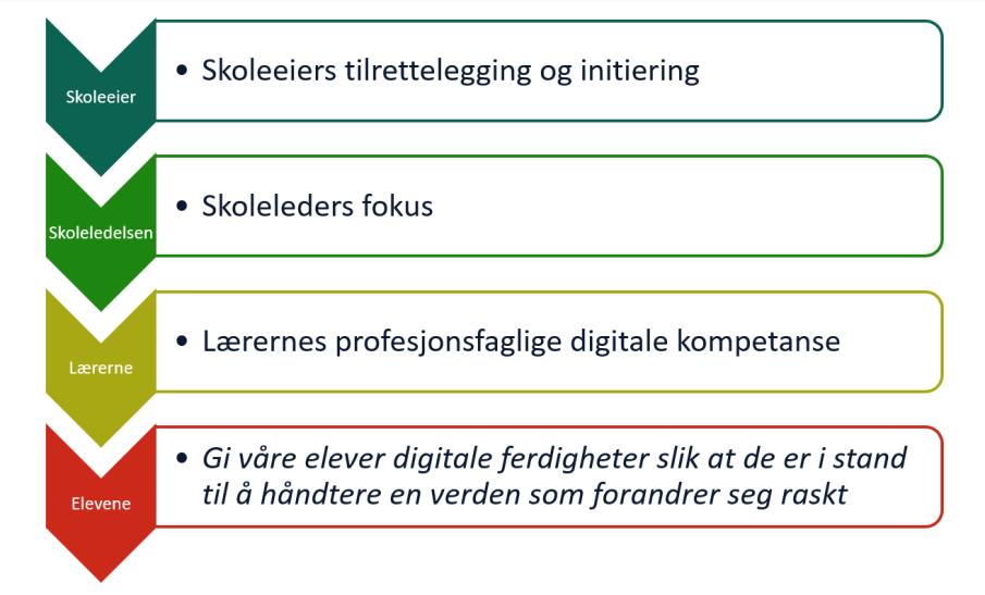 Fra digitaliseringsstrategi til konkrete tiltak for Tromsøskolen Kartlegge: Lærere og skoleledere sin profesjonsfaglige kompetanse Infrastruktur Analysere og utarbeide mål og tiltak Prioritere