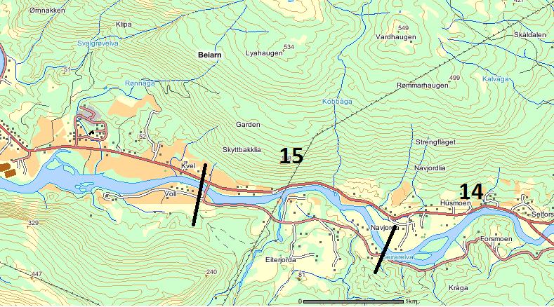 Haugbakk til Selfors bru i Beiarvassdraget i 2011.