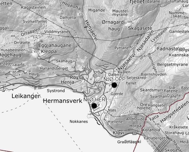 3.3 Leikanger kommune Det er tatt prøver fra to stasjoner i Leikanger kommune (figur 4). Begge stasjonene er i Njøsaelvi. Njøsaelvi er en av de større elvene som renner gjennom Leikanger sentrum.