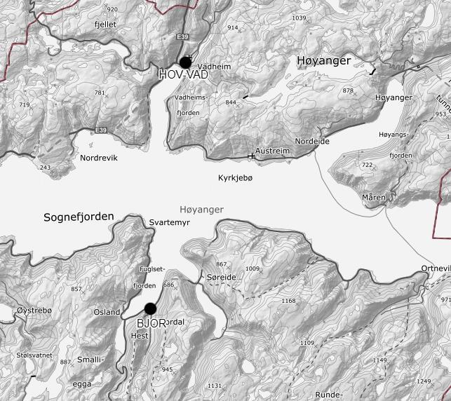 3.5 Høyanger kommune Det er tatt prøver fra to stasjoner i Høyanger kommune. Disse elvene ligger på hver side av Sognefjorden (figur 6).