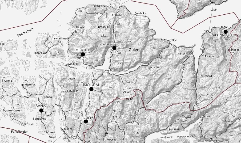 3.6 Gulen kommune Det er tatt prøver fra seks stasjoner i Gulen kommune (figur 7). Stasjonene på den vestlige siden av Sandøya (SAN-V), er en liten bekk som renner gjennom et utmarksbeite.