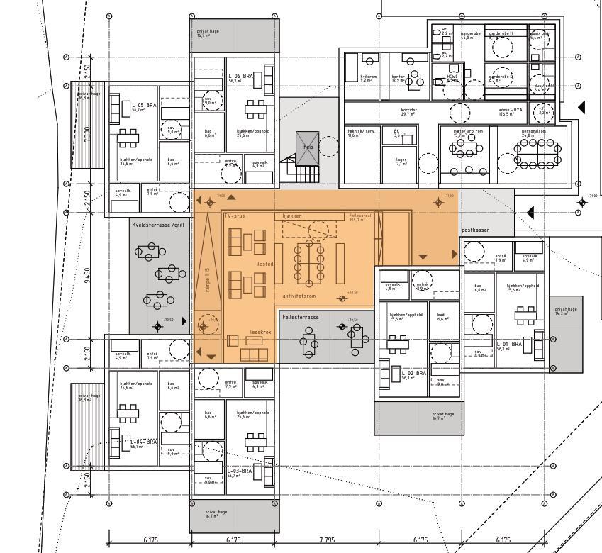 30 (41) ASPEVEIEN 1A Figur 27: Leilighetene er tenkt i underkant av 60 m 2, og ligger samlet rundt et sentralt fellesareal (markert med oransje) (ill. YOLO Tegnestudio AS).