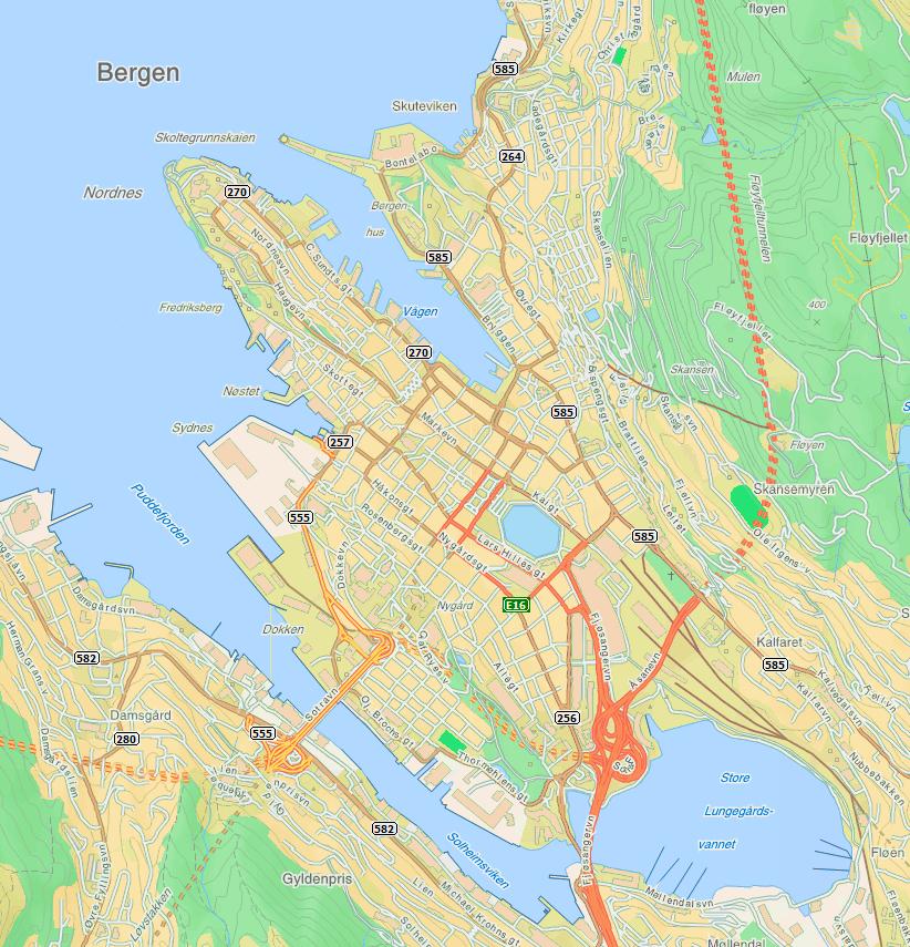 6 BESKRIVELSE AV PLANOMRÅDET (DAGENS SITUASJON) 6.1 BELIGGENHET Planområdet ligger sentral i Bergen sentrum like ved Torgalmenningen og Den Nationale Scene. 8 Kartutsnitt over planområdet 6.