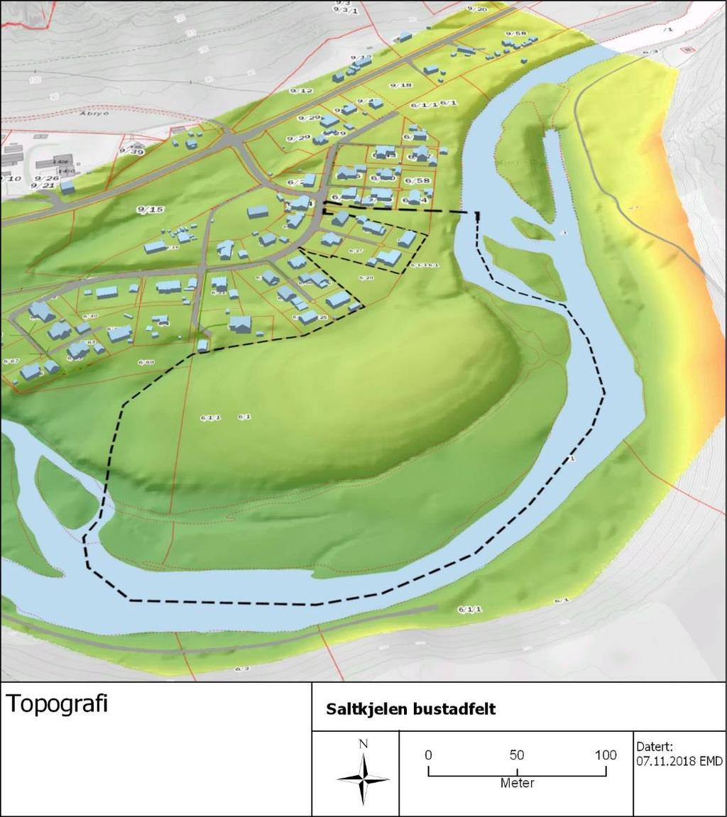 Figur 5.6.2 Topografisk kart over planområdet. 5.7 Privat og offentleg servicetilbod Planområdet ligg ca. 14 km frå Lærdalsøyri Barne- og ungdomsskule og ca. 14-15 km. frå Borgund barneskule.