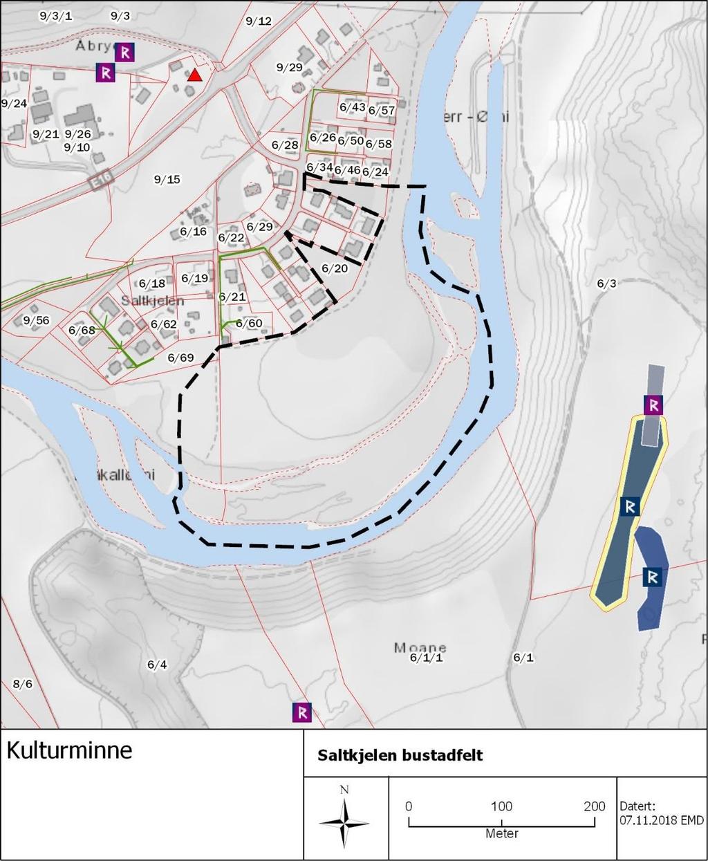 Figur 5.10.1 Registrerte kulturminne (kjelde Riksantikvaren). 5.11 Vatn og avlaup Området består i dag av grøne flatar aust og sør for gnr. 6 bnr. 30. Terrenget har ein topp like søraust for gnr.