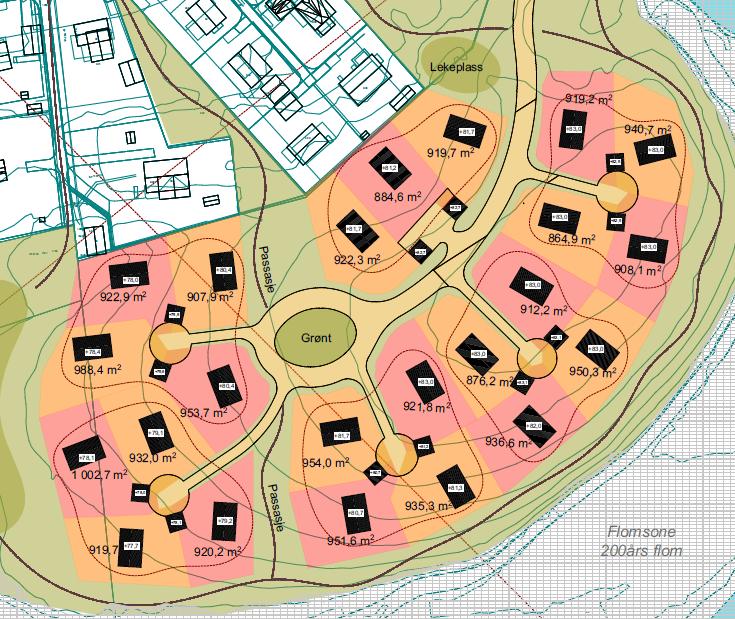 Figur 6.3.1 Utsnitt av illustrasjonsplan, med tomteinndeling og -storleik.