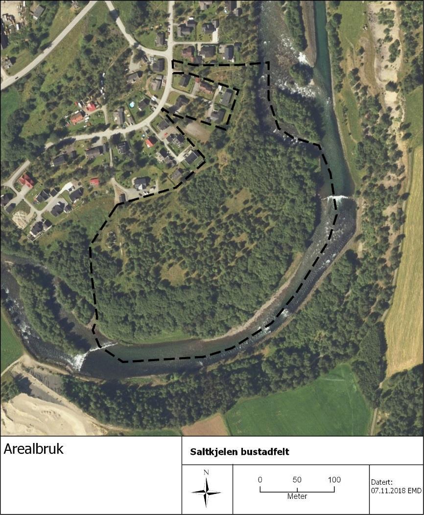 Figur 5.2.1 Eksisterande bruk. 5.3 Eksisterande bygningar Det er ingen eksisterande bygningar i planområde. 5.4 Køyreveg, gang-/sykkelveg og offentleg kommunikasjon Tilkome til planområdet går frå europaveg 16, via kommunal veg Saltkjelen og delvis på privat veg ved Saltkjelen nr.