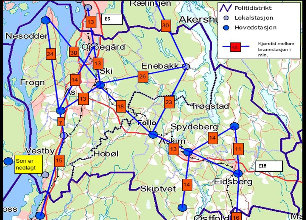 Årsaken til at Oppegård er den stasjonen som ved et pålegg om å redusere, bør ta nedjustering er å finne i ROS analysen, og hensynet til 10 minutters innsatstid for enkelte objekter (se kart under).