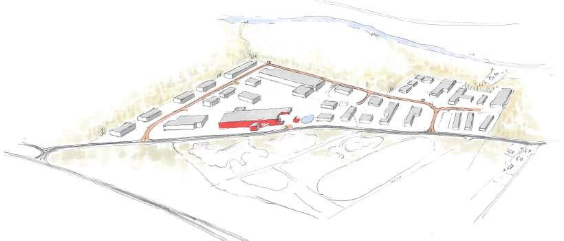 Illustrasjonen viser et mulig framtidsbilde av Gaustadvegen næringsområde. Rv.2, Gaustadvegen/fv. 336 og Hydro Extrusion AS med Eidskog Energi (som røde bygg) ligger fast.