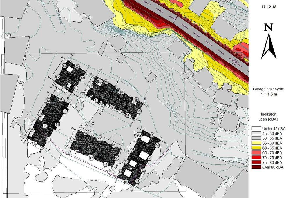 5.2 Støynivå fra veitrafikk på fasade og uteoppholdsareal Fasade Beregnede fasadenivåer er under eller lik Lden = 55 db.