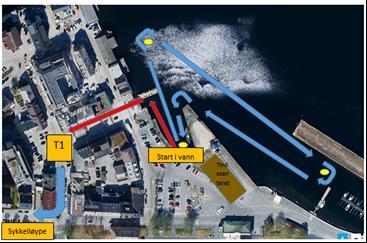 Svømming Totalt 1200 meter. Start vil skje i vannet innerst i havnebassenget.