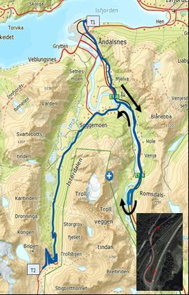 Sykkel Totalt 34 km. 750 høydemeter. Når man har syklet ut av Åndalsnes (Storgata og Romsdalsgata) og «gamleveien» over Mjelva skal man fortsette oppover Romsdalen på E136. Etter ca.