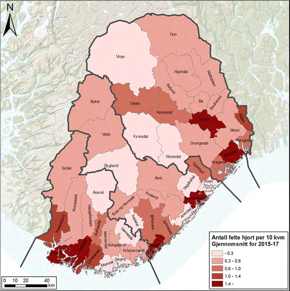 Figur 2. Felt hjort pr 10 km² (gjennomsnitt for de tre årene 2015 2017) i fylkene Auste Agder, Vest Agder og Telemark fordelt på kommunenivå.