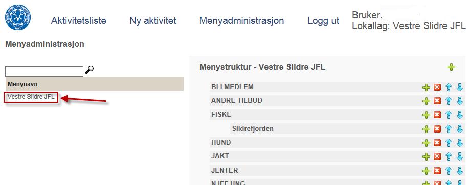 Du kommer nå inn i meny- og aktivitetsverktøyet for ditt lokallag. Når du klikker på lokallagsnavnet vil menystrukturen sprette opp til høyre på siden.