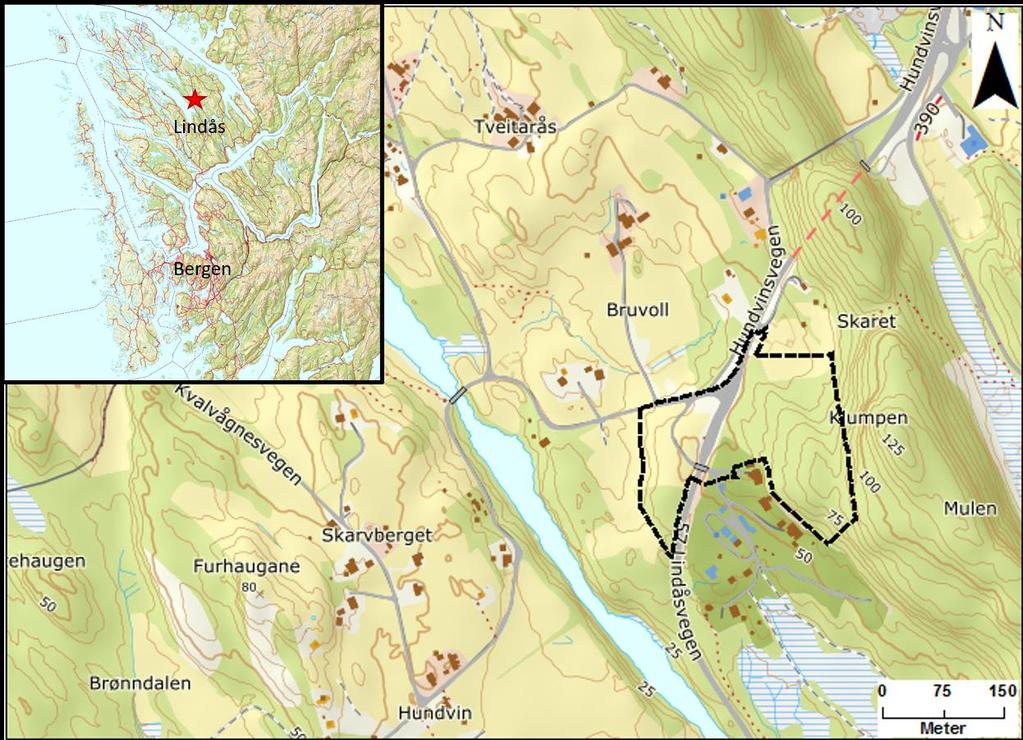Undersøkt område Figur 2 viser lokasjonen til det aktuelle planområdet, gnr./bnr. 55/1,2 m.fl. i Lindås kommune. Figur 2: Oversiktskart over det aktuelle planområdet. Planområdet er stiplet i svart.