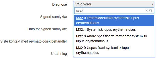 Ved å velge diagnose tømmes skjema for de variablene som ikke er aktuelle, og skjemaet består da