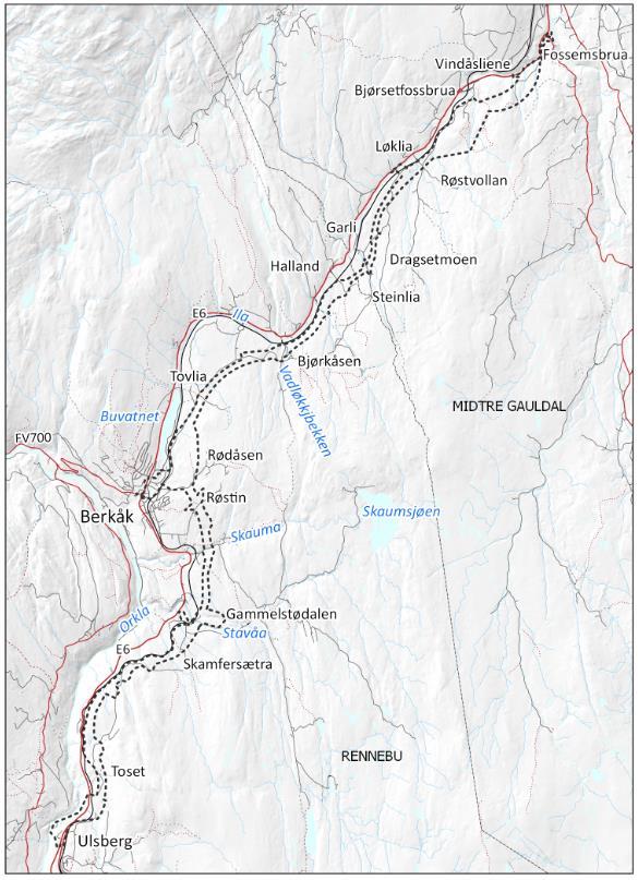 Planforslaget er utførlig beskrevet i planbeskrivelsen, og tiltaket gjengis derfor ikke nærmere i denne utredningen. Figur 1-1. Illustrasjon av veilinja E6 mellom Ulsberg til Vindåsliene.
