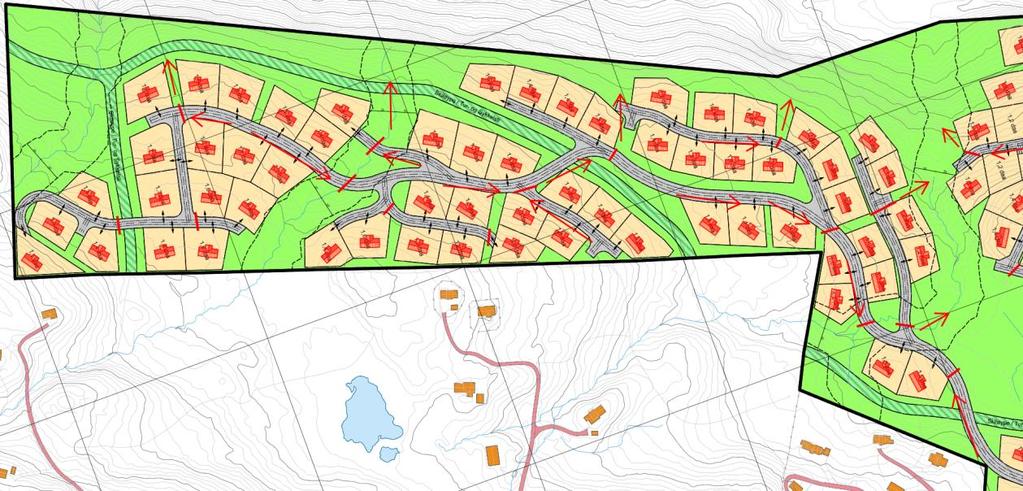 7. OVERVANNSHÅNDTERING Det legges ikke opp til noe lukket overvannsnett i området, kun bortledning av overvann via veggrøfter og supplerende avskjærende grøfter.