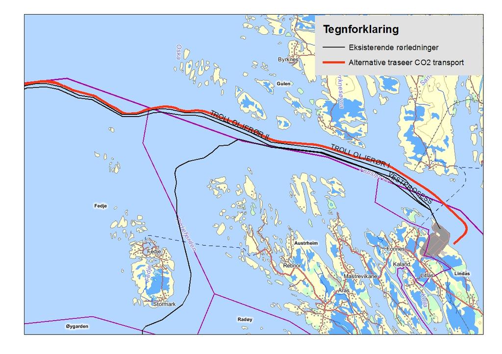 Figur 3-3: Foreslåtte traséer for CO 2 -rørledning ut fra Mongstad (tykk rød linje). 3.3.3 Legging av rørledningen offshore Når det gjelder offshoredelen av CO 2 -rørledningen vil denne legges direkte på havbunnen.