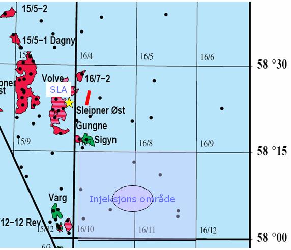 Figur 3-7: Kart over de to aktuelle injeksjonsstedene i Sleipnerområdet. Utbygging av lager i Sleipnerområdet vil basere seg på injeksjon i Utsira formasjonen.