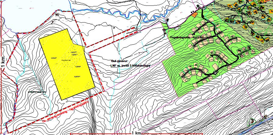 Sak 31/19 Kartutsnitt som viser foreslått planavgrensing, markert med rød stiplet linje. Utttaksområdet er markert med gult. Åremsvatnet ligger nord for området. Tidligere eier av gnr.