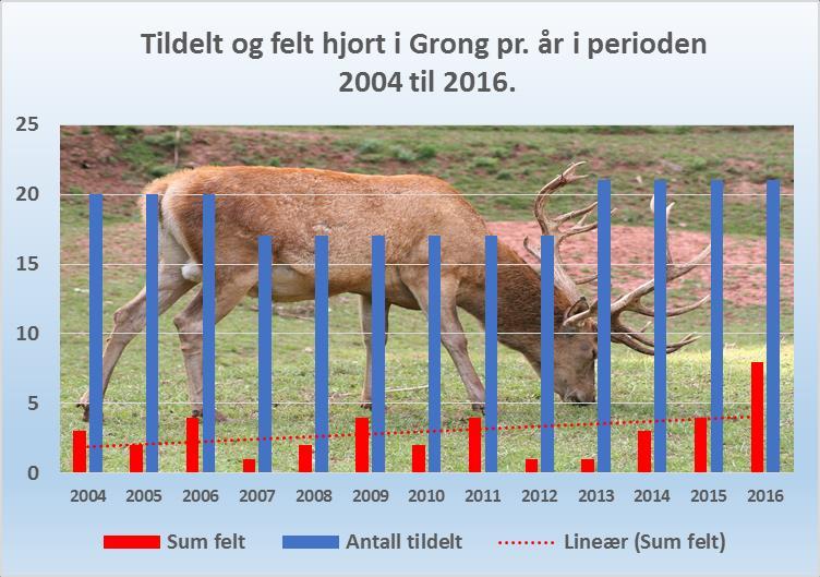 Nedenfor er tallene i tabell 9 fremstilt i to figurer. Her ser vi at avskytingen av hjort i Grong er svakt stigende (figur 12).