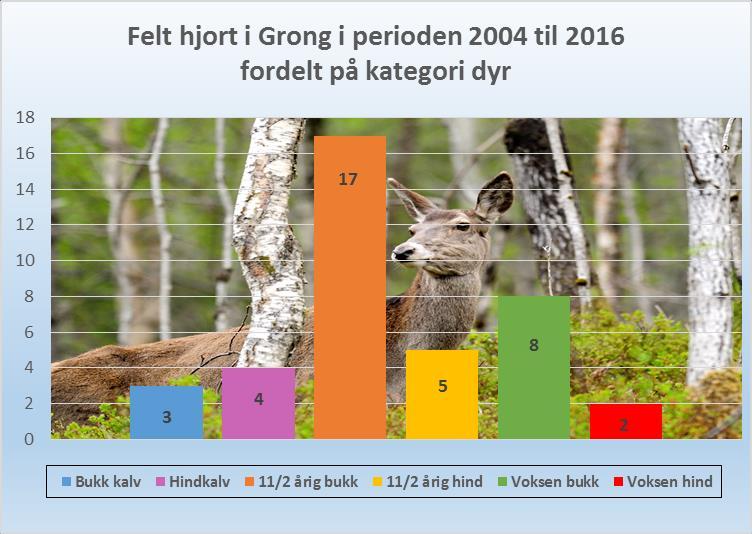 Felt hjort i Grong i perioden 2004 til 2016 Som vi ser av figuren ligger avskytingen på hjort i Grong, langt under tildelingen.