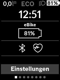 Norsk 20 Statusskjermbilde På statusskjermbildet vises i tillegg til statuslinjen også gjeldende klokkeslett og ladenivået til alle batteriene til din ebike.