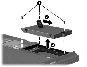 8. Skyv harddiskdekselet av datamaskinen for å komme til harddisken. 9. Fjern de tre harddiskskruene (1). 10.