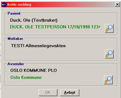 7. Da kommer boksen «Koble melding» opp. Alle de tre feltene skal inneholde både svart tekst og grønn tekst.