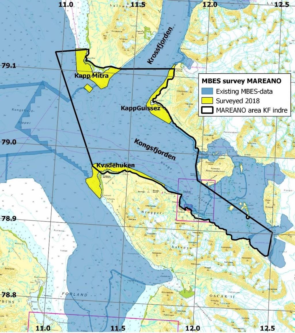 Figur 5. Status for dybdekartlegging i Kongsfjorden på Svalbard i 2018.