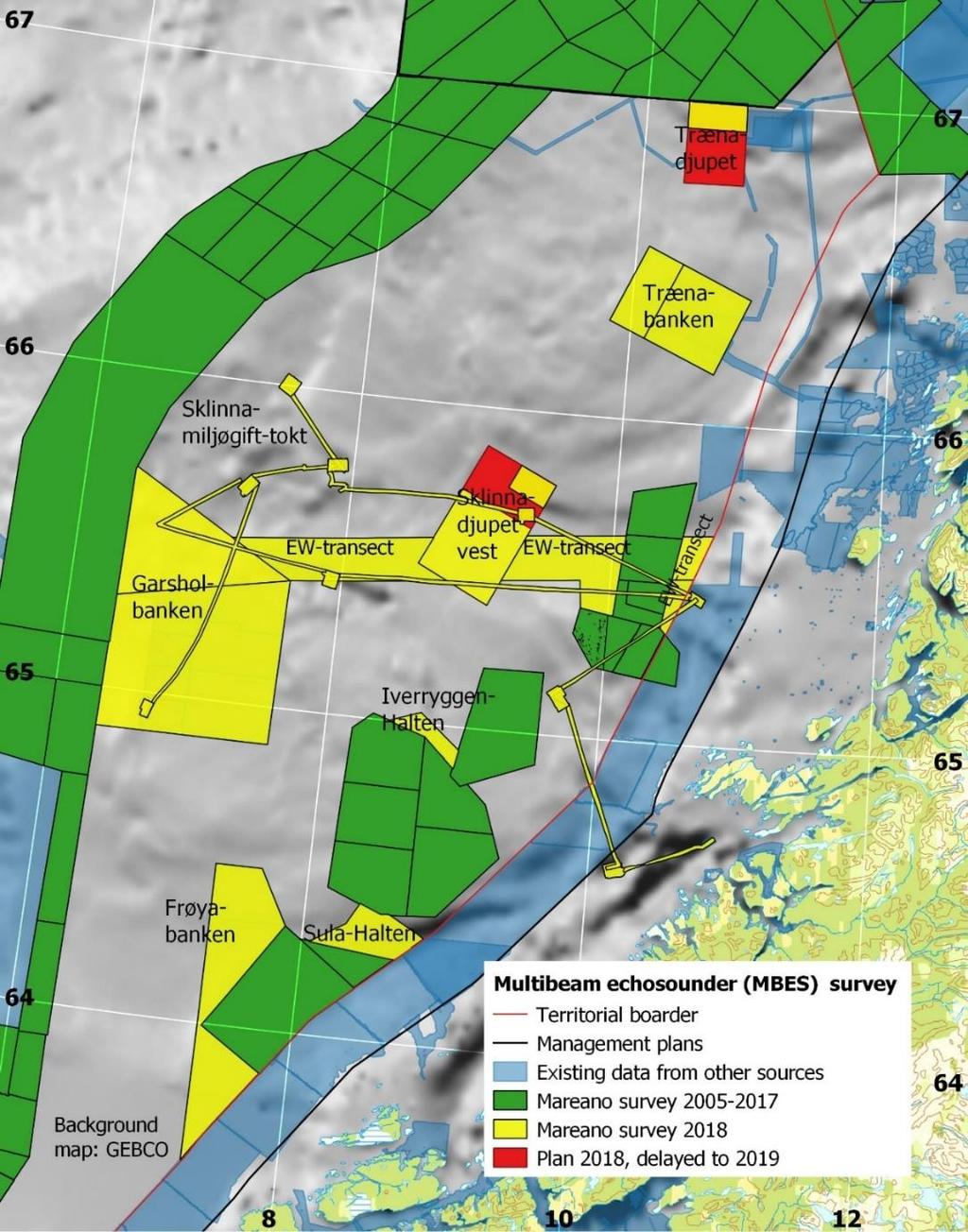 Figur 6. Status for dybdekartlegging i Norskehavet i 2018.