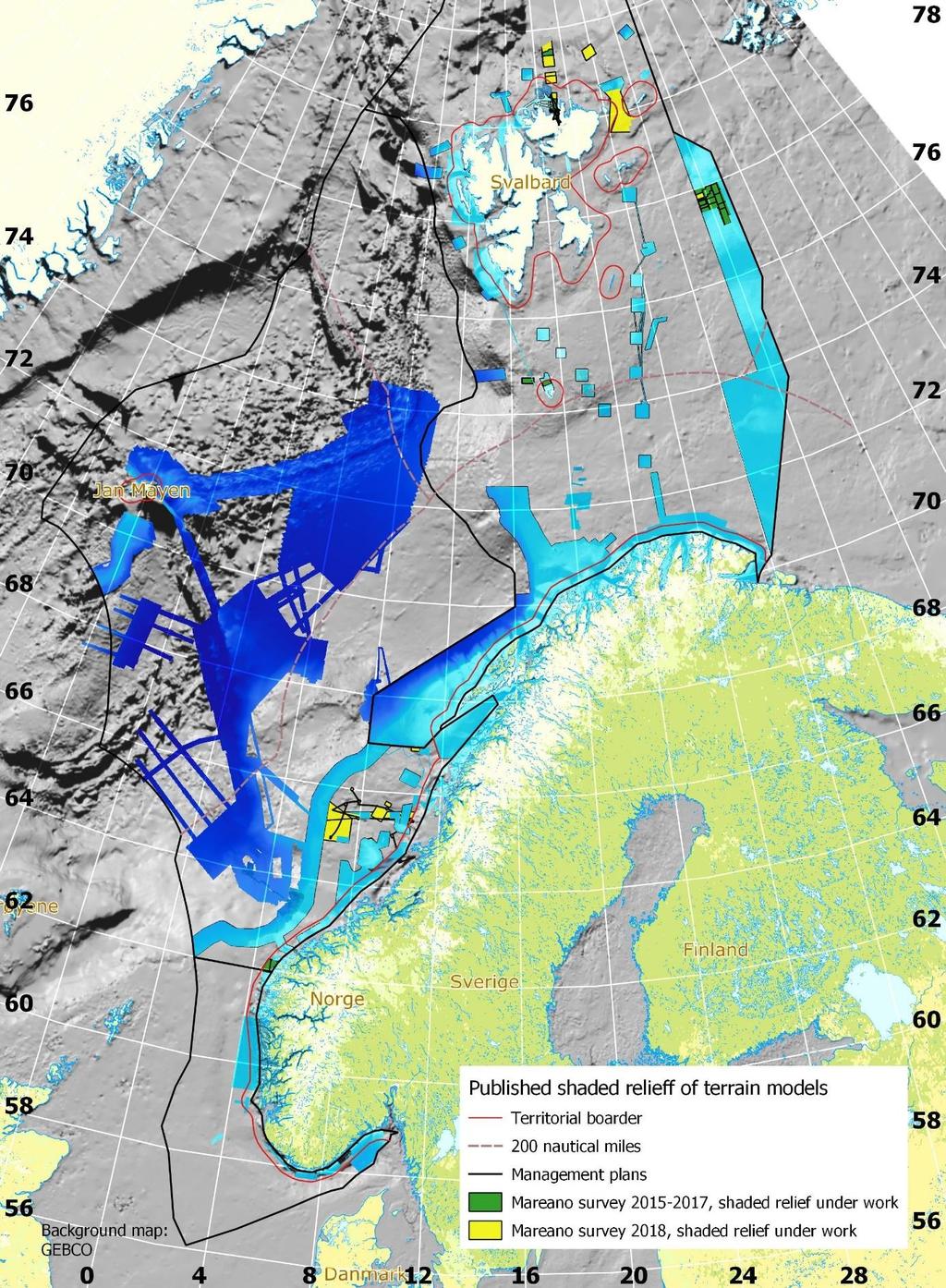 Figur 12. Skyggerelieffkart basert på terrengmodeller av havbunnen. Status for publisering av skyggerelieffkart per 19.02.2019.