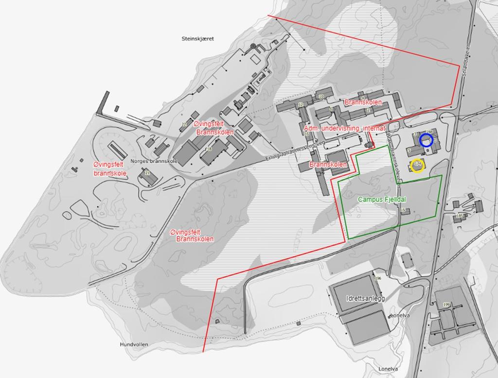 Dagens situasjon består av Brannskolen med undervisningsbygg og øvingsområder.