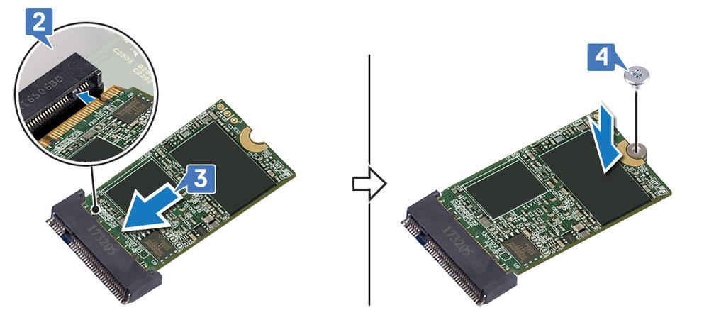 4 Trykk den andre enden av SSD-disken/Intel Optane minnet ned, og skru inn skruen (M2x3) som fester SSD-disken/Intel