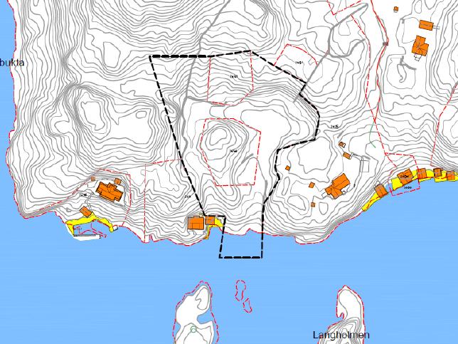 Kartutsnitt: Planavgrensning Dagens situasjon og planstatus: Planområdet ligger på sørsiden av øya Okse.