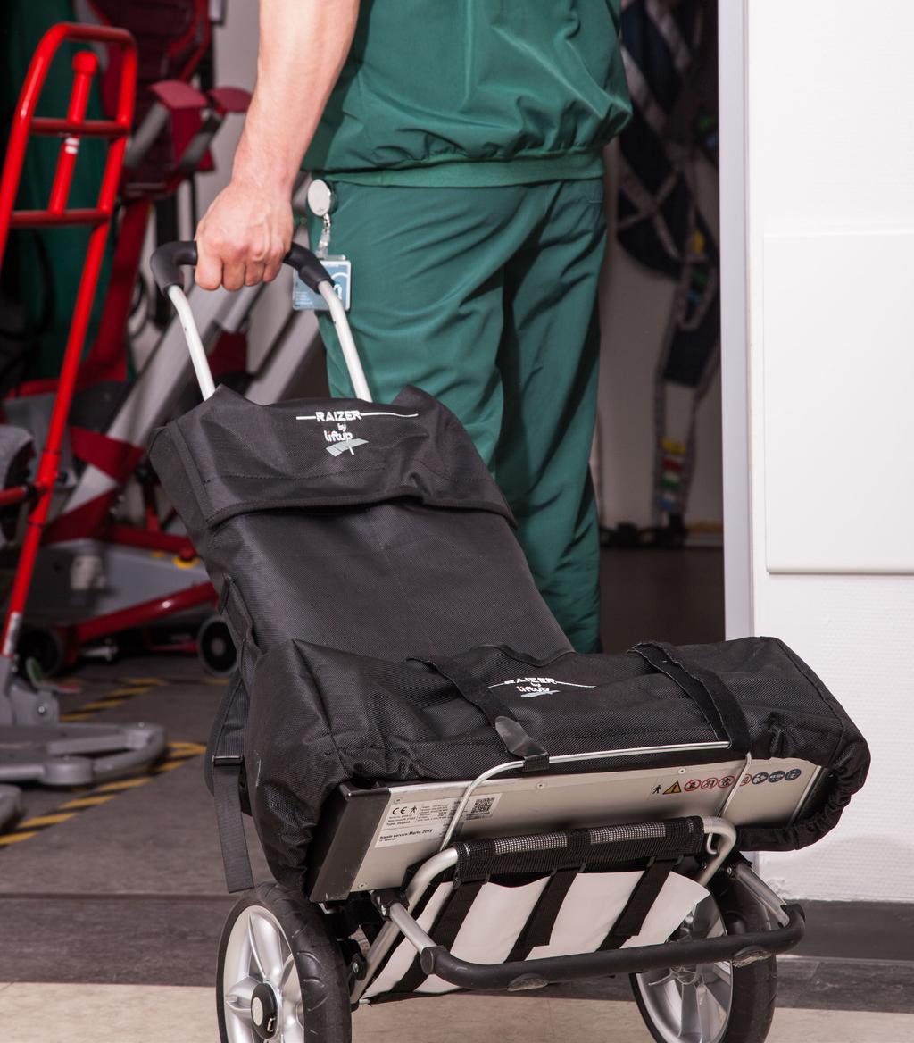 Minimal manuell håndtering Enkel transport ved hjelp av tralle eller to reisevesker. Raizer kan lett oppbevares og lades et sentralt sted på sykehuset, f.eks. i et depotrom.