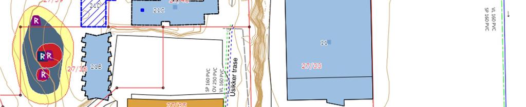Fra denne kumgruppen går det private ledninger (VL 160 PVC, SP 160 PVC og OV 250 PVC) nordover til Gnr/Bnr 27/40.