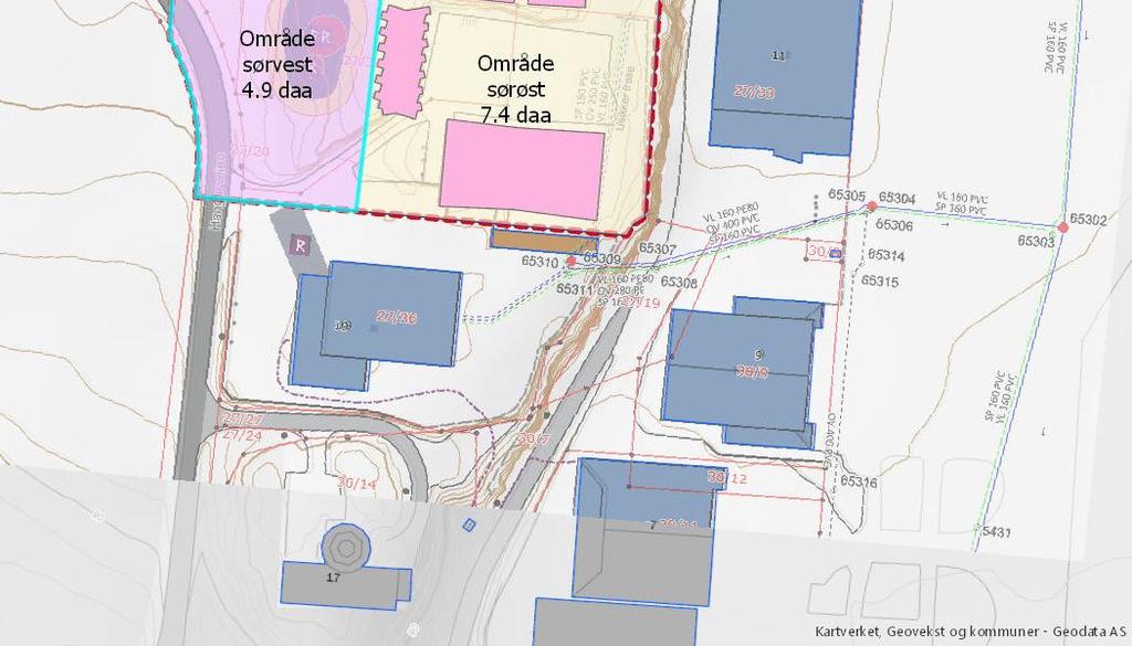 Det er antatt at eksisterende kontorbygg dreneres til ledning OV 250 PVC som er koblet til kum 65310.
