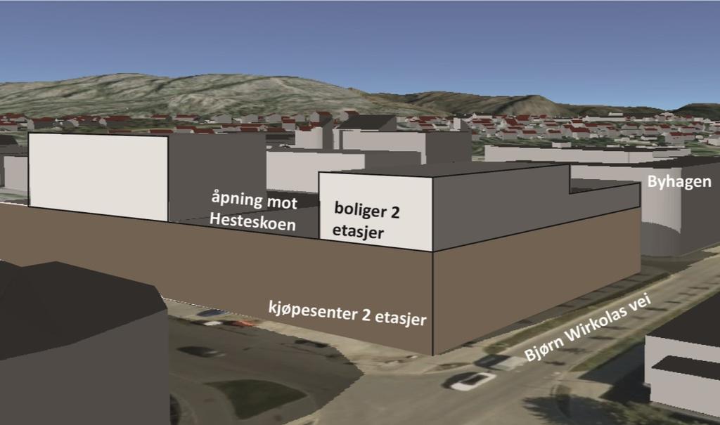 I planforslaget er den nye fasaden til Amfi mot Byhagen 2 etasjer kjøpesenter (5 meter etasjehøyde på kjøpesenterdelen) og 3 etasjer boligblokk (5 etasjen er inntrukket).